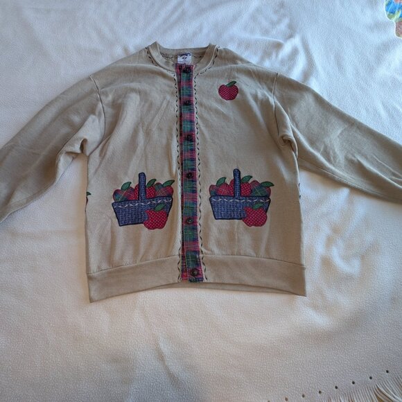 Jerzees Cardigan Beige Fleece Long Sleeve Button up Patchwork Large Unisex EUC - Picture 3 of 16